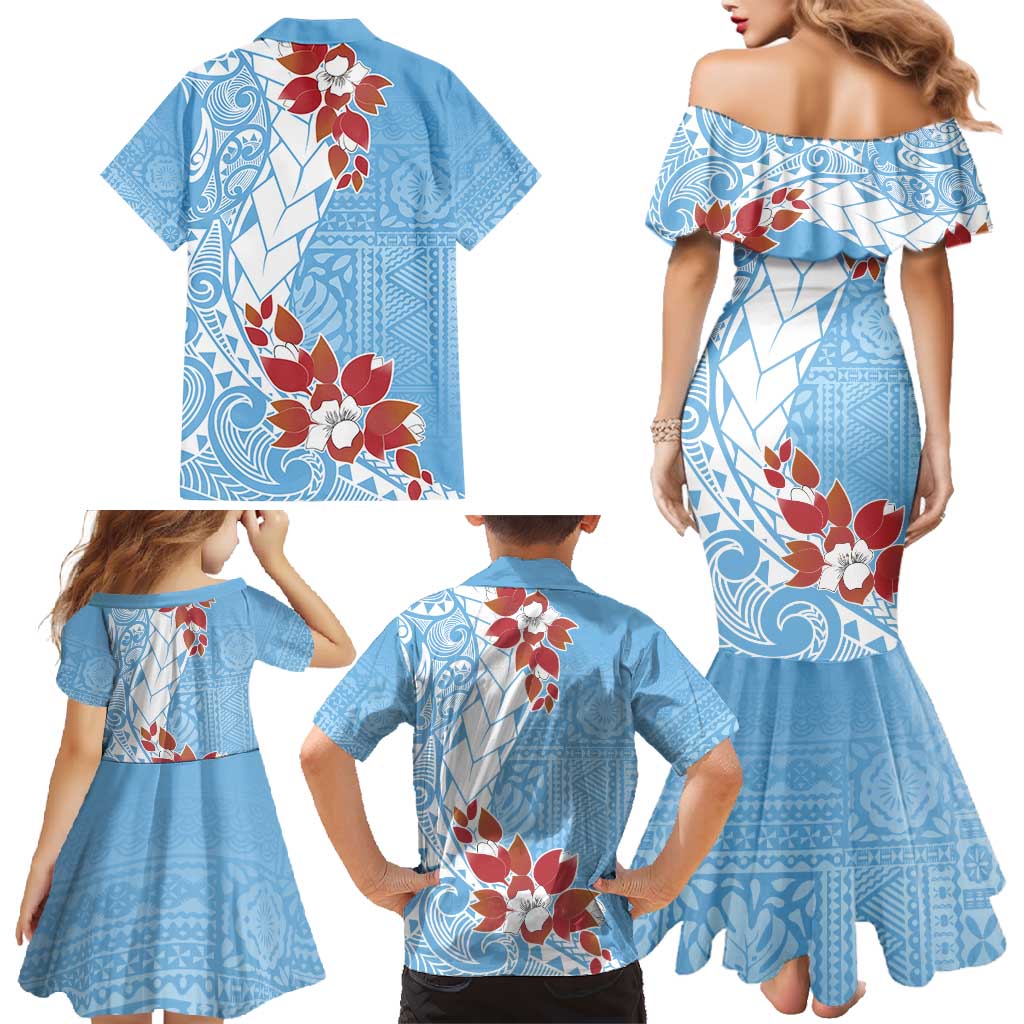 Bula Fiji Day Family Matching Mermaid Dress and Hawaiian Shirt Tagimaucia on Masi Pattern - Turquoise LT7 - Polynesian Pride