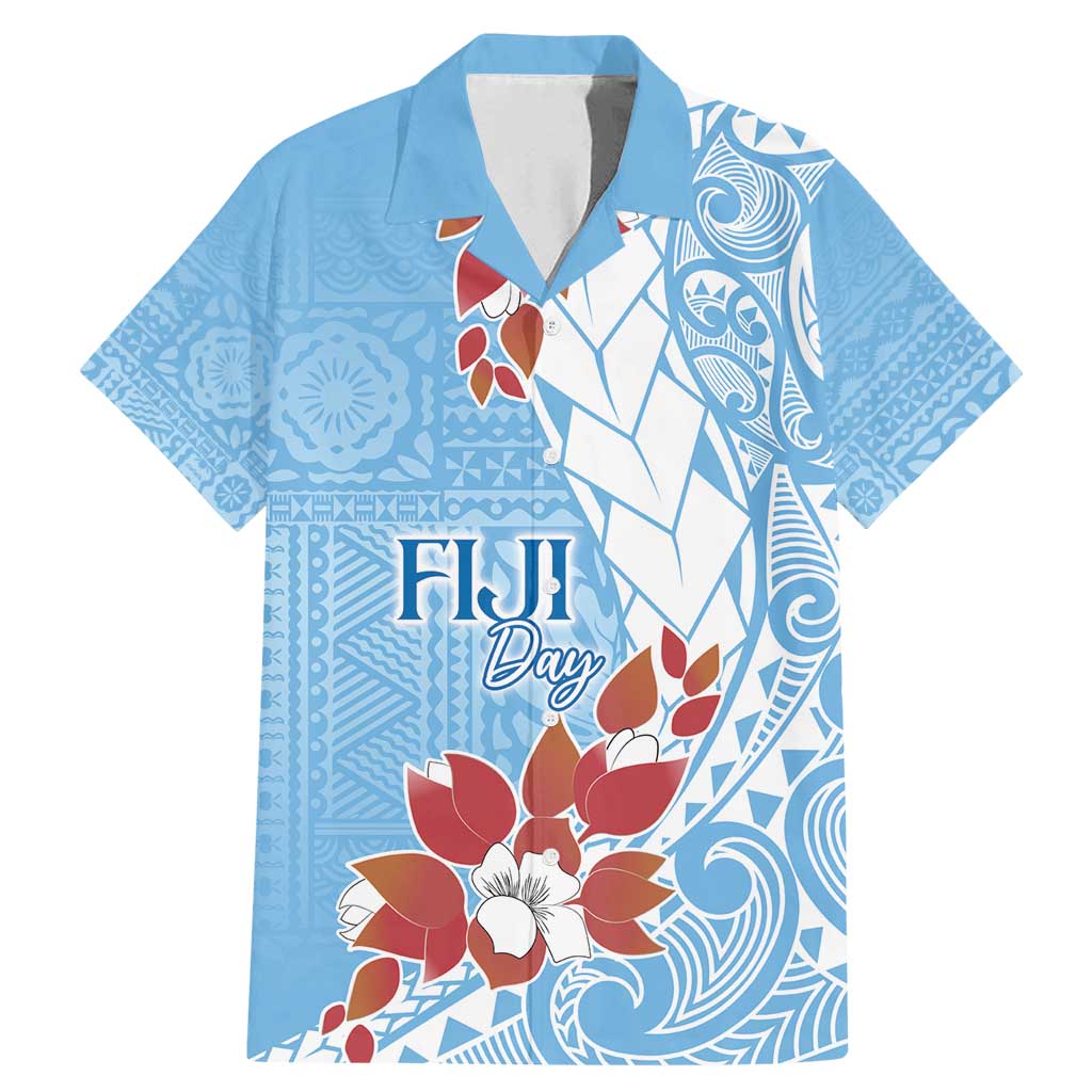 Bula Fiji Day Family Matching Mermaid Dress and Hawaiian Shirt Tagimaucia on Masi Pattern - Turquoise LT7 Dad's Shirt - Short Sleeve Turquoise - Polynesian Pride