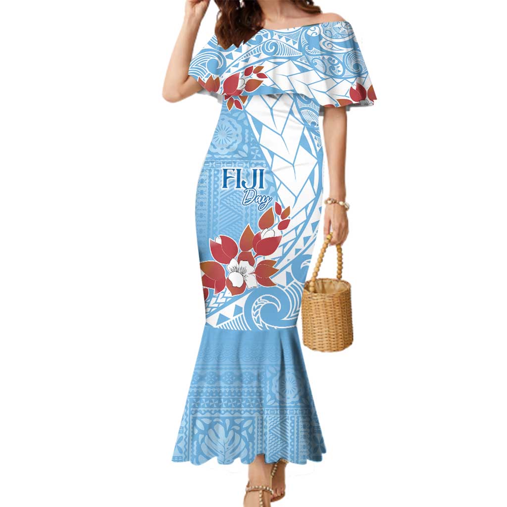 Bula Fiji Day Family Matching Mermaid Dress and Hawaiian Shirt Tagimaucia on Masi Pattern - Turquoise LT7 Mom's Dress Turquoise - Polynesian Pride