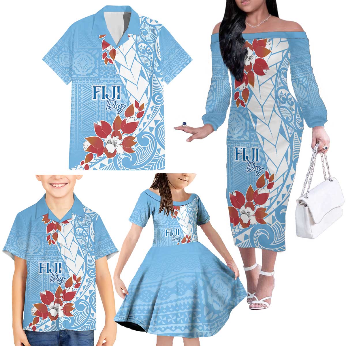 Bula Fiji Day Family Matching Off The Shoulder Long Sleeve Dress and Hawaiian Shirt Tagimaucia on Masi Pattern - Turquoise LT7 - Polynesian Pride