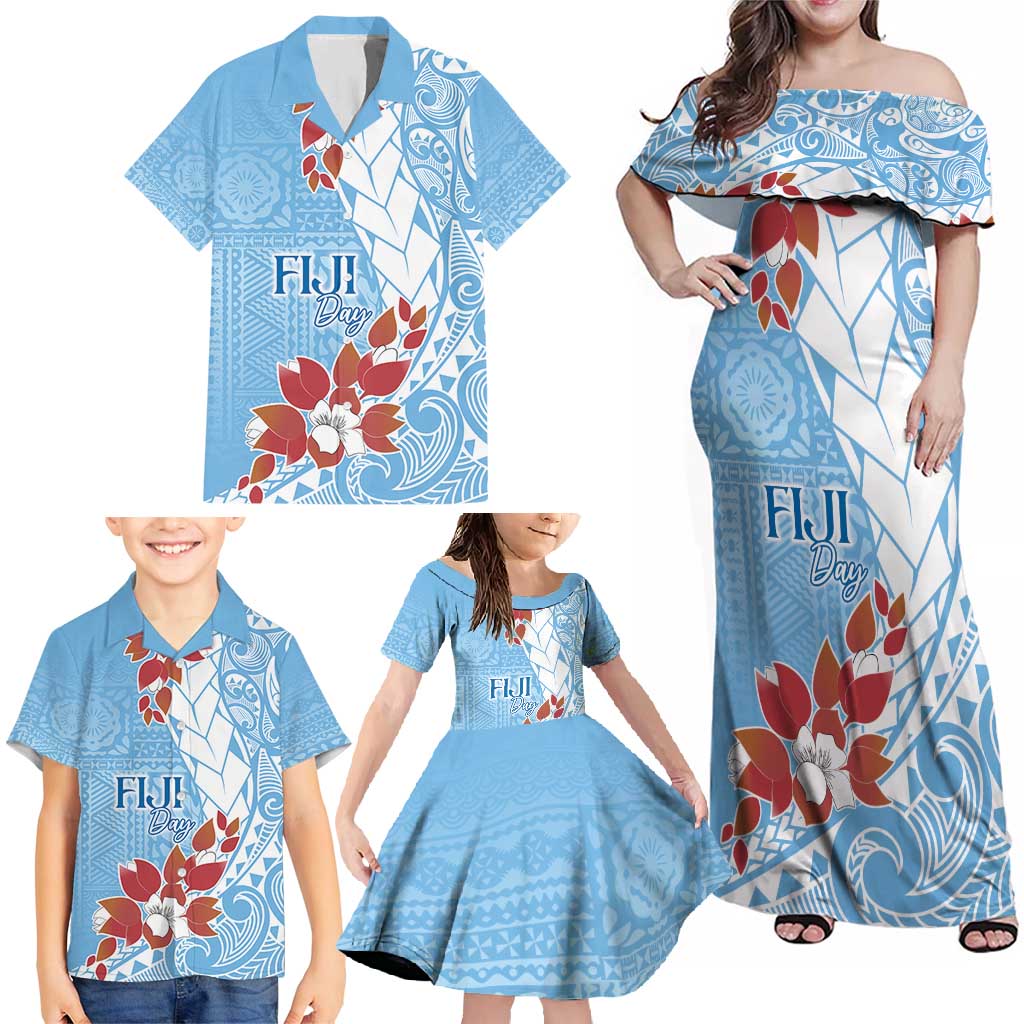 Bula Fiji Day Family Matching Off Shoulder Maxi Dress and Hawaiian Shirt Tagimaucia on Masi Pattern - Turquoise LT7 - Polynesian Pride