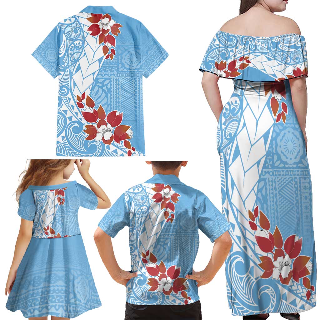 Bula Fiji Day Family Matching Off Shoulder Maxi Dress and Hawaiian Shirt Tagimaucia on Masi Pattern - Turquoise LT7 - Polynesian Pride