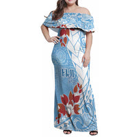 Bula Fiji Day Family Matching Off Shoulder Maxi Dress and Hawaiian Shirt Tagimaucia on Masi Pattern - Turquoise LT7 Mom's Dress Turquoise - Polynesian Pride