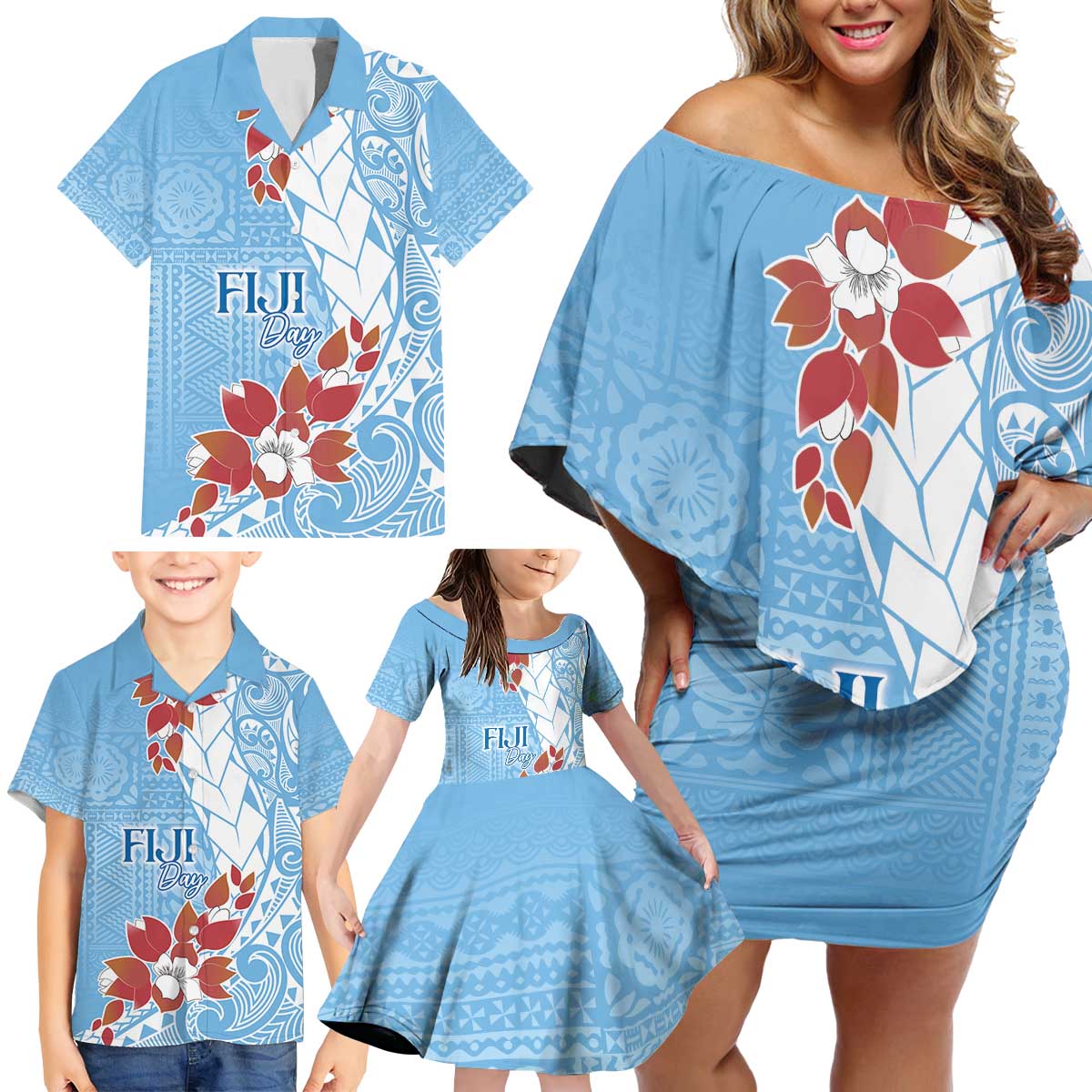 Bula Fiji Day Family Matching Off Shoulder Short Dress and Hawaiian Shirt Tagimaucia on Masi Pattern - Turquoise LT7 - Polynesian Pride