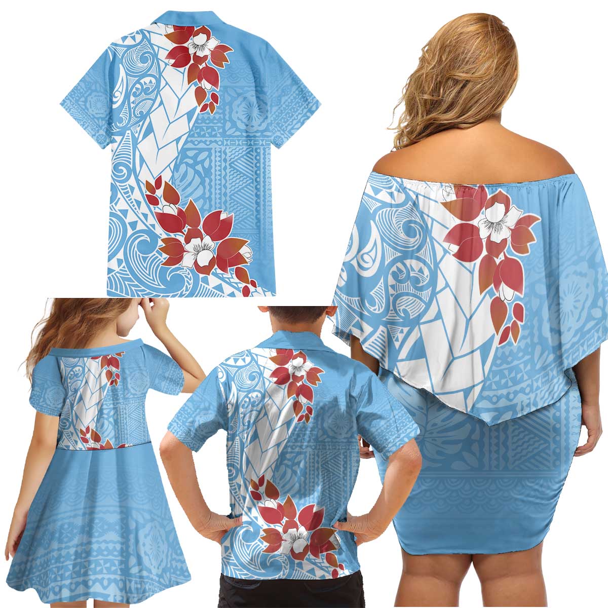 Bula Fiji Day Family Matching Off Shoulder Short Dress and Hawaiian Shirt Tagimaucia on Masi Pattern - Turquoise LT7 - Polynesian Pride