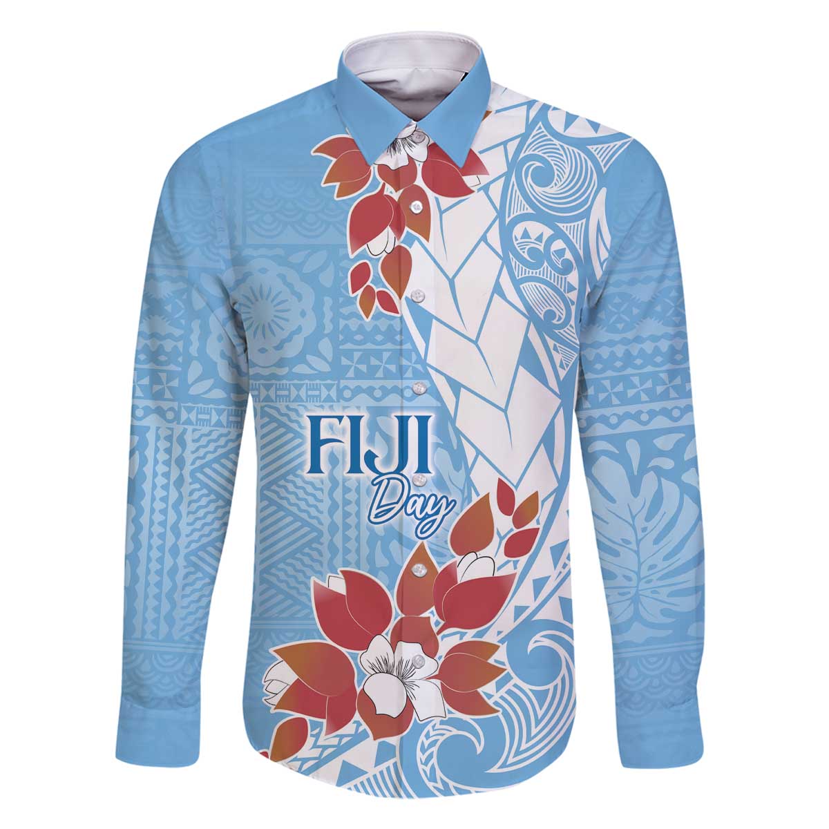 Bula Fiji Day Family Matching Off Shoulder Short Dress and Hawaiian Shirt Tagimaucia on Masi Pattern - Turquoise LT7 Dad's Shirt - Long Sleeve Turquoise - Polynesian Pride