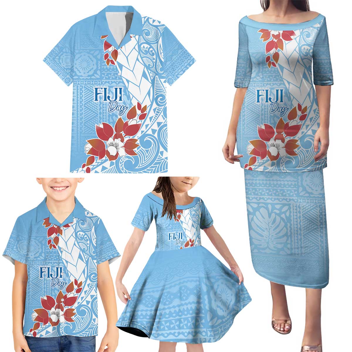 Bula Fiji Day Family Matching Puletasi and Hawaiian Shirt Tagimaucia on Masi Pattern - Turquoise LT7 - Polynesian Pride