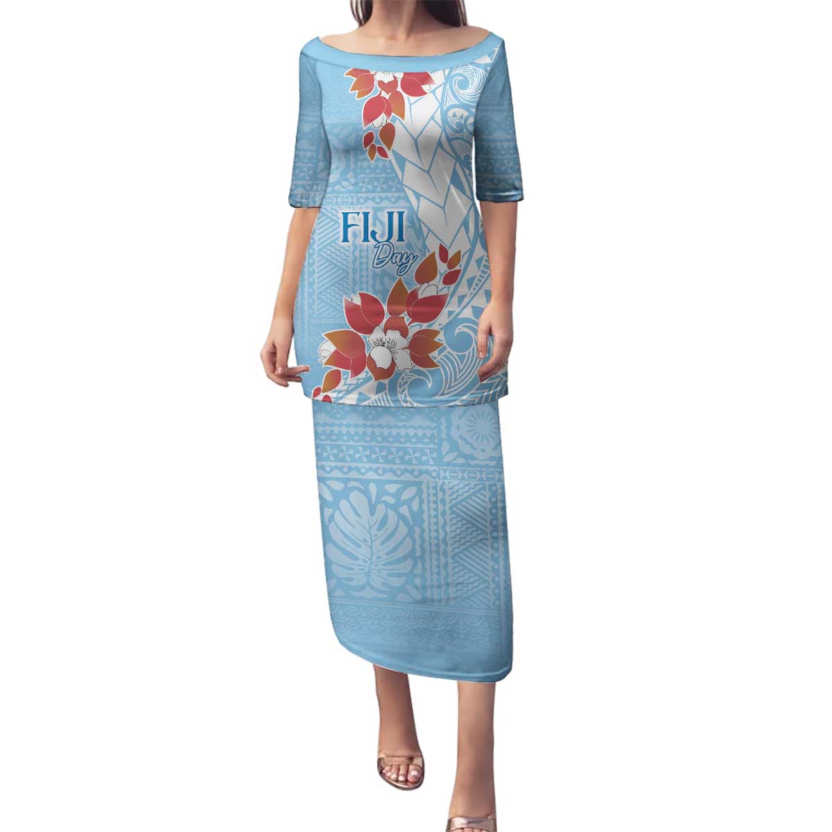 Bula Fiji Day Family Matching Puletasi and Hawaiian Shirt Tagimaucia on Masi Pattern - Turquoise LT7 Mom's Dress Turquoise - Polynesian Pride