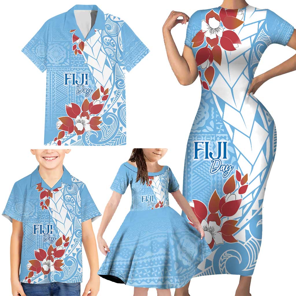 Bula Fiji Day Family Matching Short Sleeve Bodycon Dress and Hawaiian Shirt Tagimaucia on Masi Pattern - Turquoise LT7 - Polynesian Pride