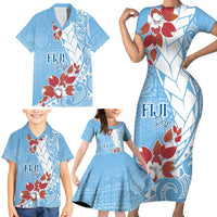 Bula Fiji Day Family Matching Short Sleeve Bodycon Dress and Hawaiian Shirt Tagimaucia on Masi Pattern - Turquoise LT7 - Polynesian Pride