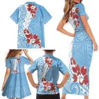 Bula Fiji Day Family Matching Short Sleeve Bodycon Dress and Hawaiian Shirt Tagimaucia on Masi Pattern - Turquoise LT7 - Polynesian Pride