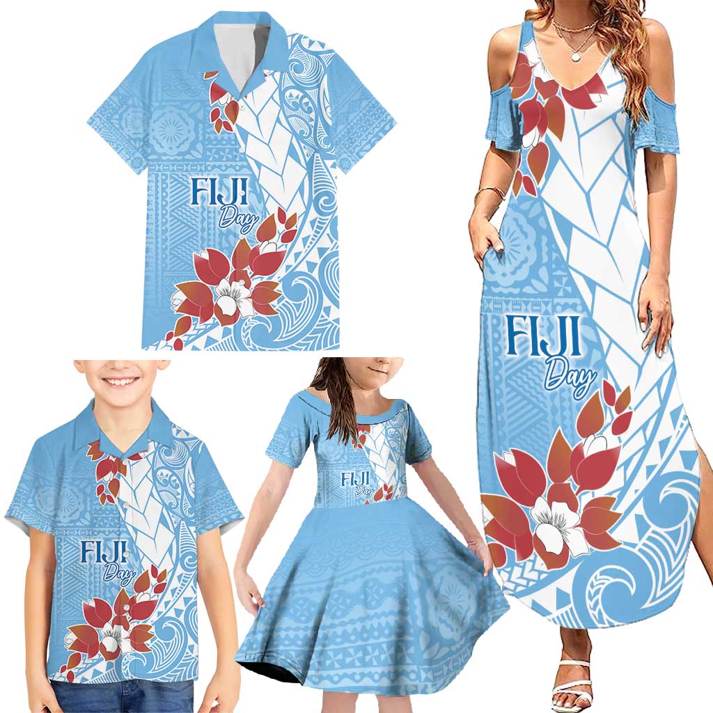 Bula Fiji Day Family Matching Summer Maxi Dress and Hawaiian Shirt Tagimaucia on Masi Pattern - Turquoise LT7 - Polynesian Pride