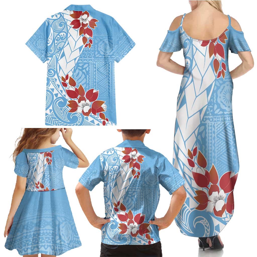 Bula Fiji Day Family Matching Summer Maxi Dress and Hawaiian Shirt Tagimaucia on Masi Pattern - Turquoise LT7 - Polynesian Pride