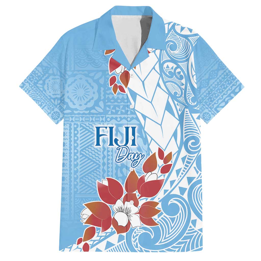 Bula Fiji Day Family Matching Summer Maxi Dress and Hawaiian Shirt Tagimaucia on Masi Pattern - Turquoise LT7 Dad's Shirt - Short Sleeve Turquoise - Polynesian Pride