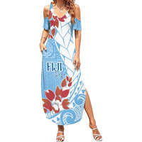 Bula Fiji Day Family Matching Summer Maxi Dress and Hawaiian Shirt Tagimaucia on Masi Pattern - Turquoise LT7 Mom's Dress Turquoise - Polynesian Pride