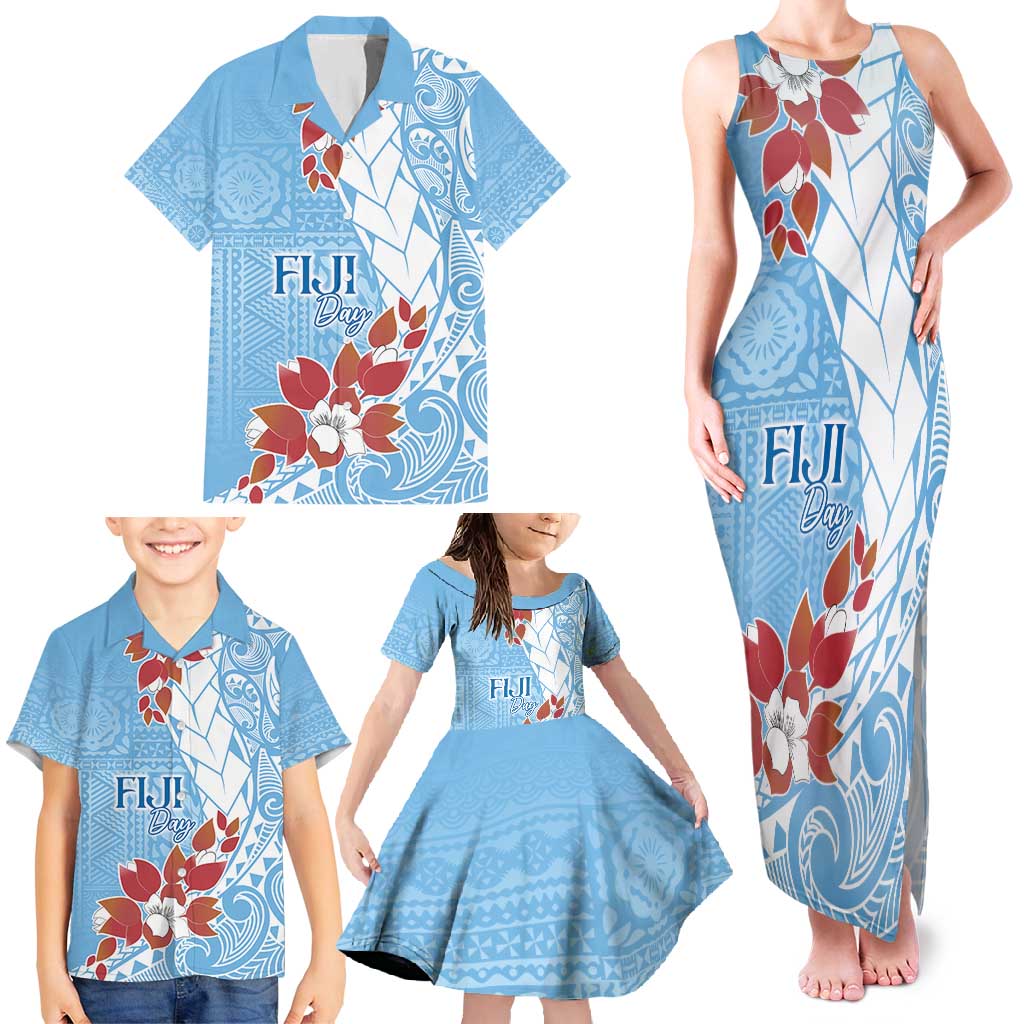 Bula Fiji Day Family Matching Tank Maxi Dress and Hawaiian Shirt Tagimaucia on Masi Pattern - Turquoise LT7 - Polynesian Pride