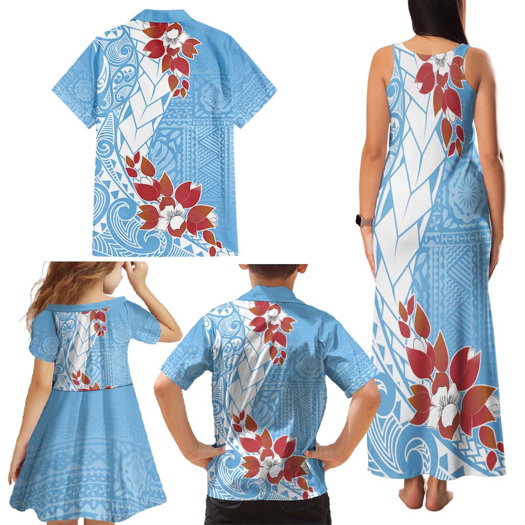 Bula Fiji Day Family Matching Tank Maxi Dress and Hawaiian Shirt Tagimaucia on Masi Pattern - Turquoise LT7 - Polynesian Pride