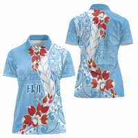 Bula Fiji Day Women Polo Shirt Tagimaucia on Masi Pattern - Turquoise LT7 - Polynesian Pride