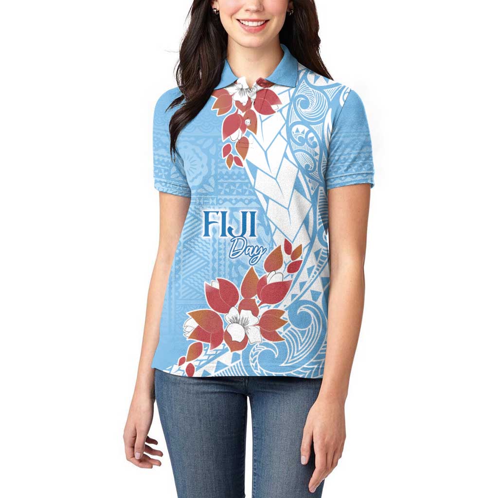 Bula Fiji Day Women Polo Shirt Tagimaucia on Masi Pattern - Turquoise LT7 - Polynesian Pride