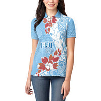 Bula Fiji Day Women Polo Shirt Tagimaucia on Masi Pattern - Turquoise LT7 - Polynesian Pride