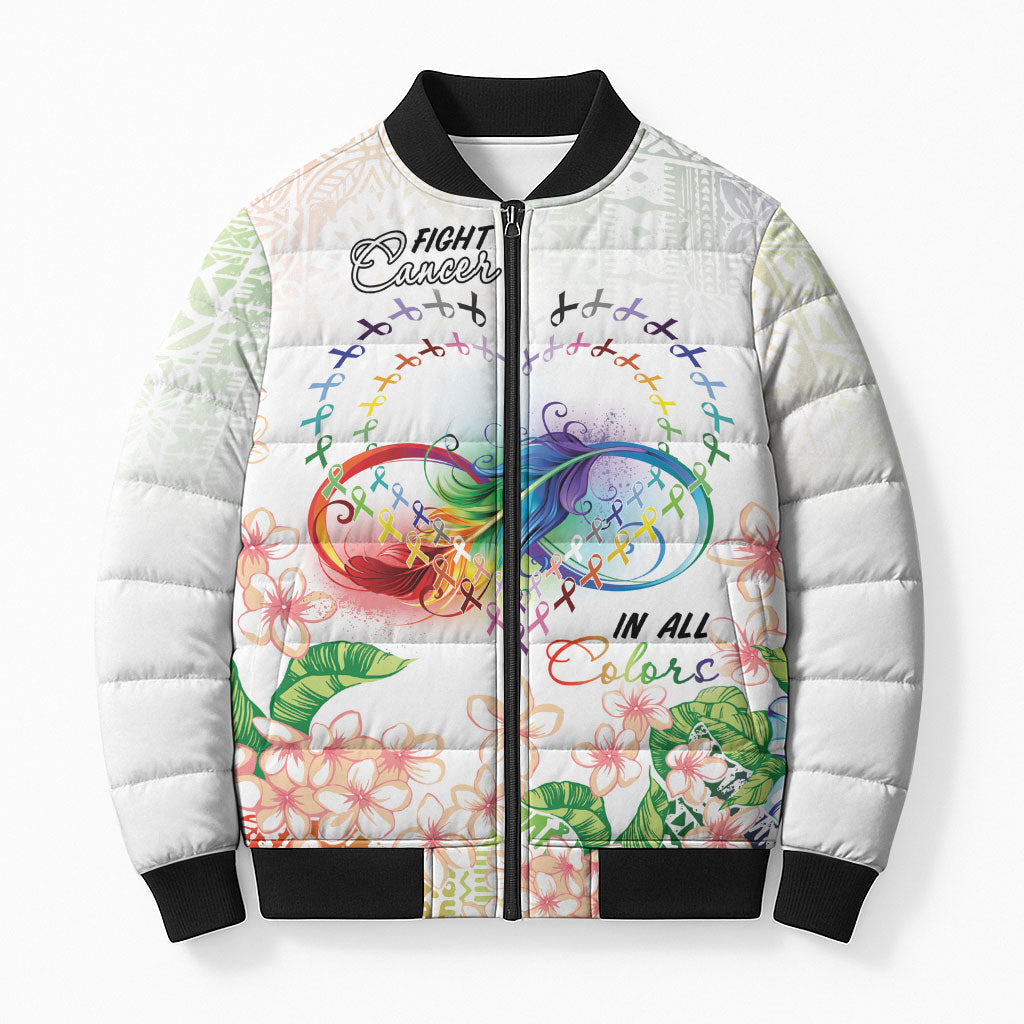 Fight Cancer In All Colors Bomber Puffer Jacket Plumeria Mix Tapa Pattern