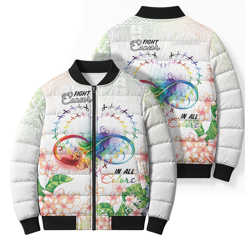 Fight Cancer In All Colors Bomber Puffer Jacket Plumeria Mix Tapa Pattern