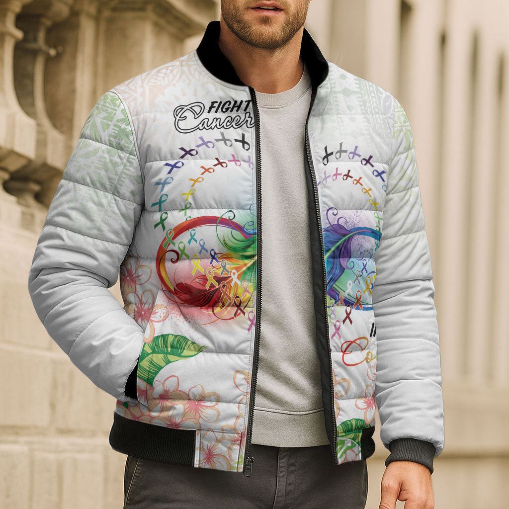 Fight Cancer In All Colors Bomber Puffer Jacket Plumeria Mix Tapa Pattern