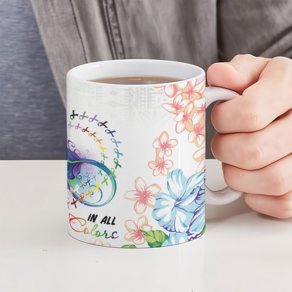 Fight Cancer In All Colors Ceramic Mug Plumeria Mix Tapa Pattern