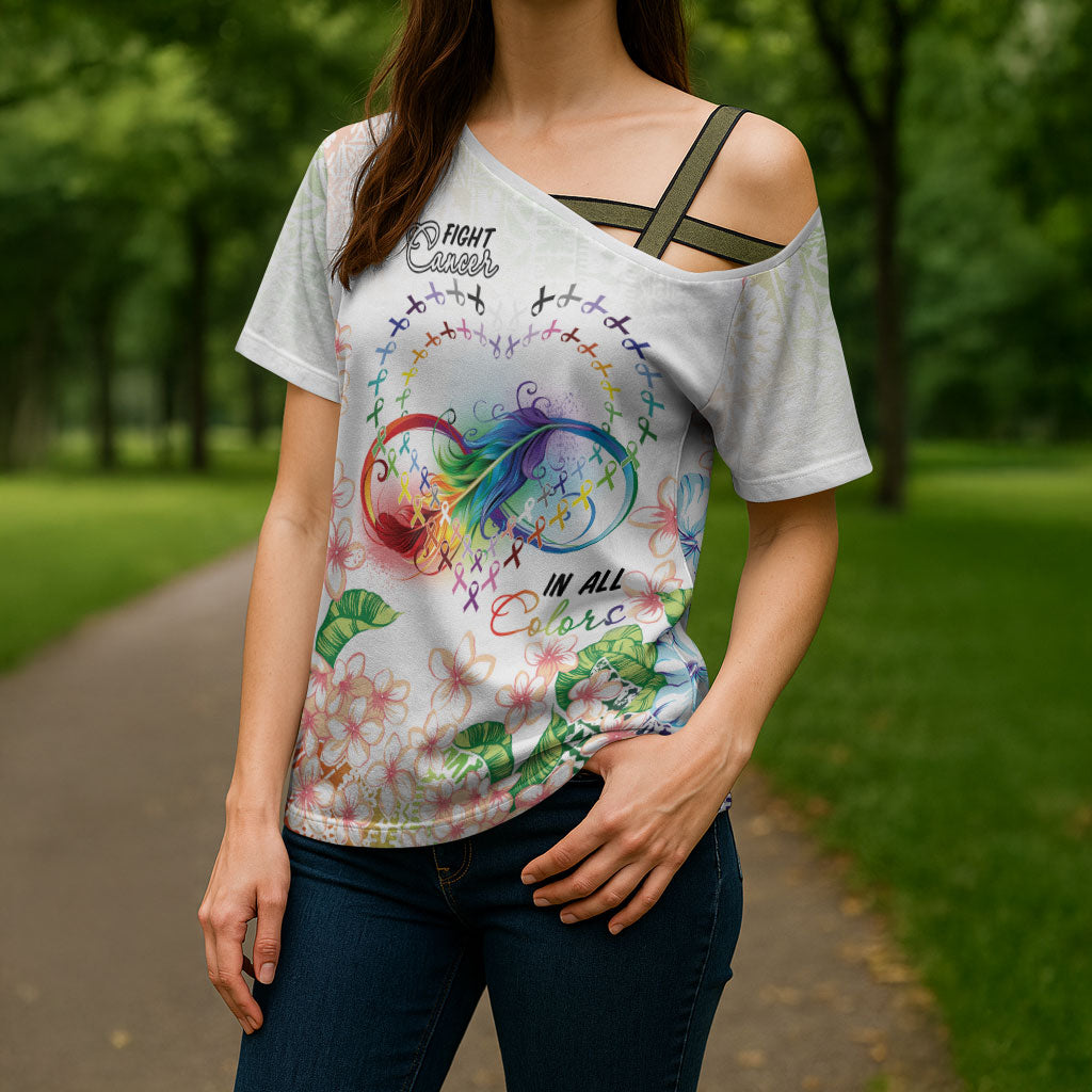 Fight Cancer In All Colors Cross Shoulder Shirt Plumeria Mix Tapa Pattern