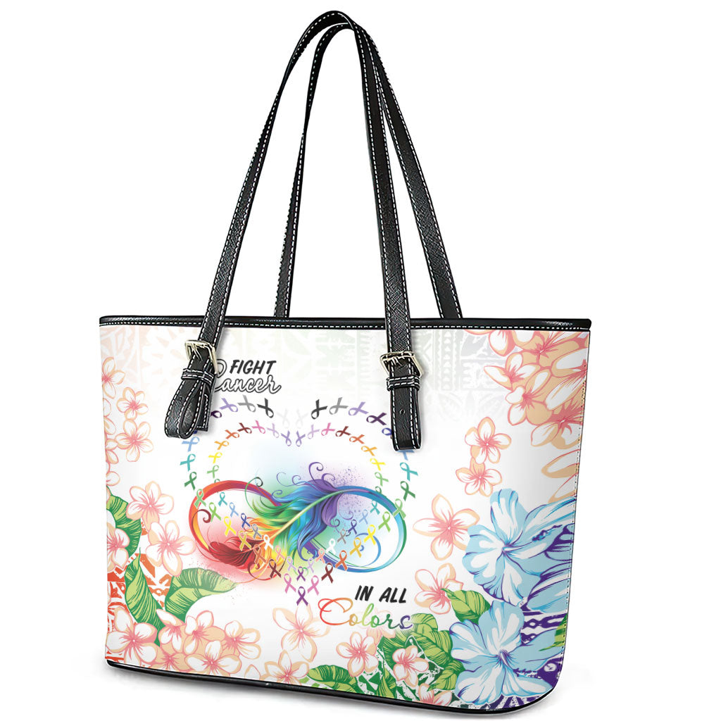 Fight Cancer In All Colors Leather Tote Bag Plumeria Mix Tapa Pattern