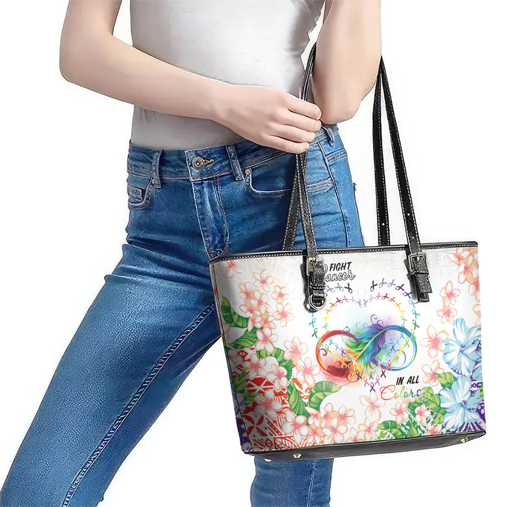 Fight Cancer In All Colors Leather Tote Bag Plumeria Mix Tapa Pattern