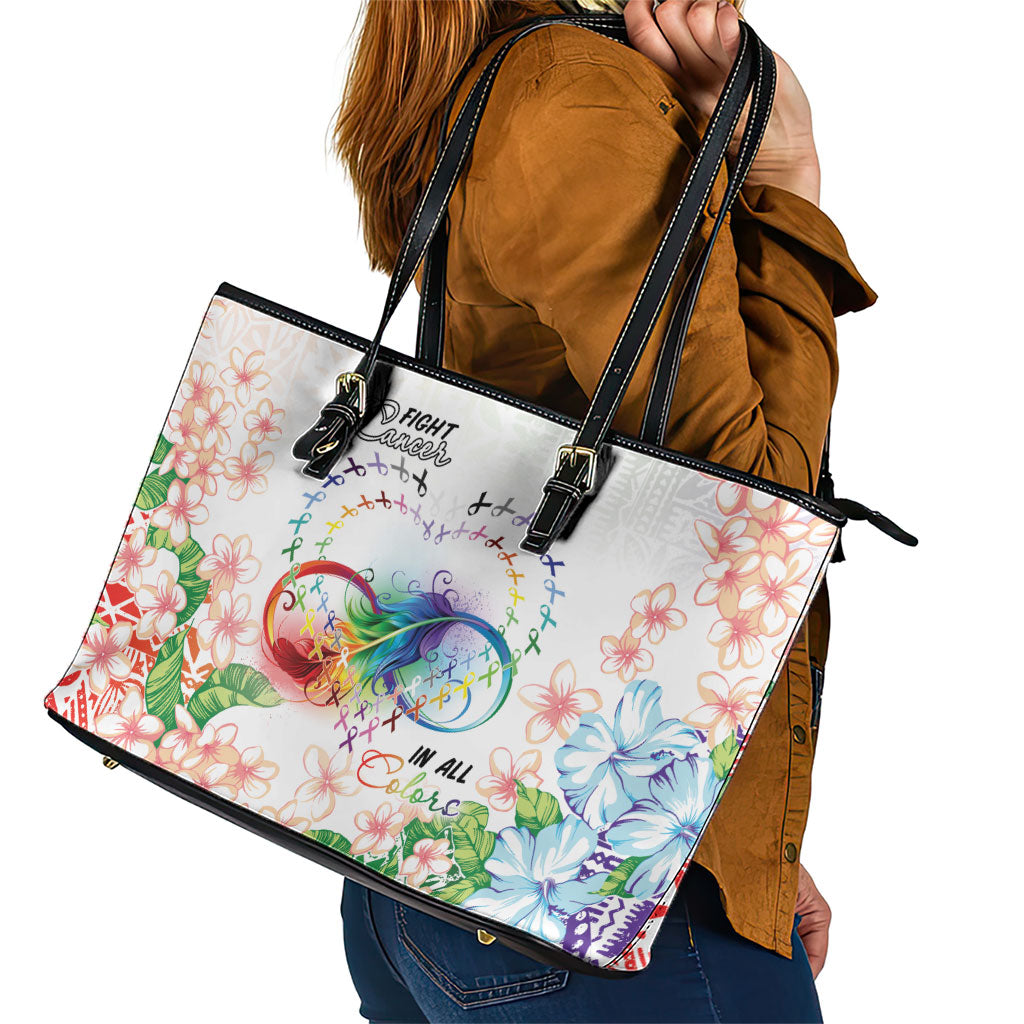 Fight Cancer In All Colors Leather Tote Bag Plumeria Mix Tapa Pattern