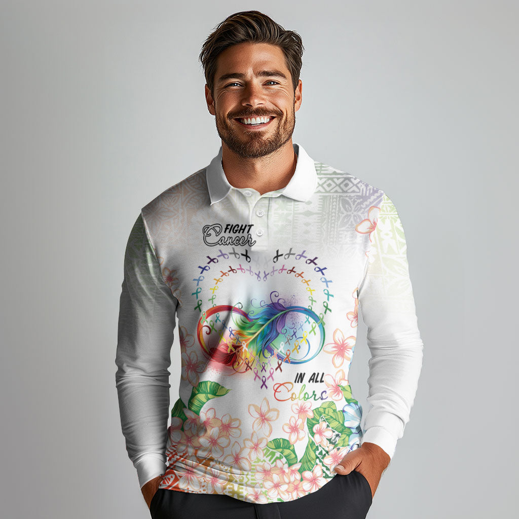 Fight Cancer In All Colors Long Sleeve Polo Shirt Plumeria Mix Tapa Pattern
