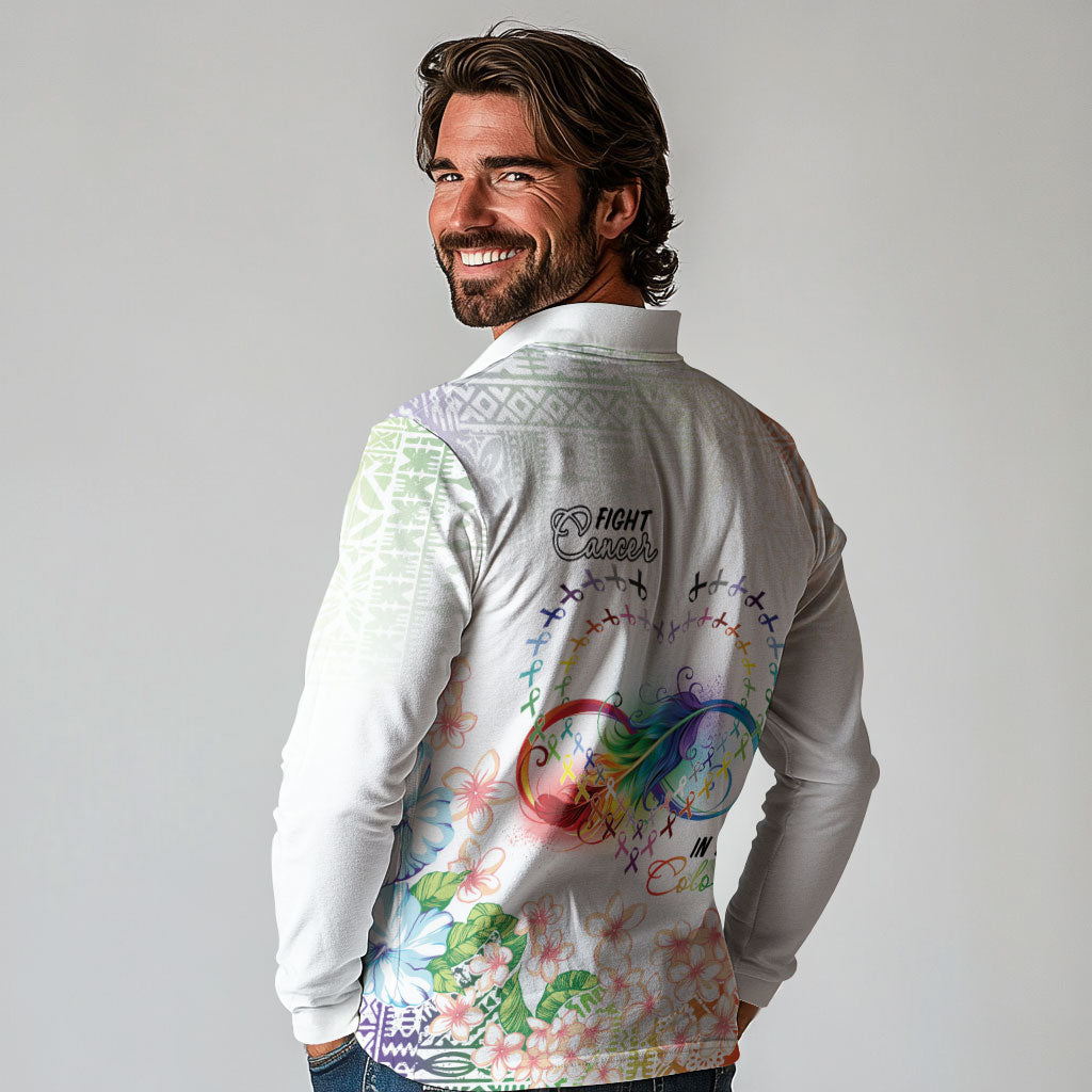 Fight Cancer In All Colors Long Sleeve Polo Shirt Plumeria Mix Tapa Pattern