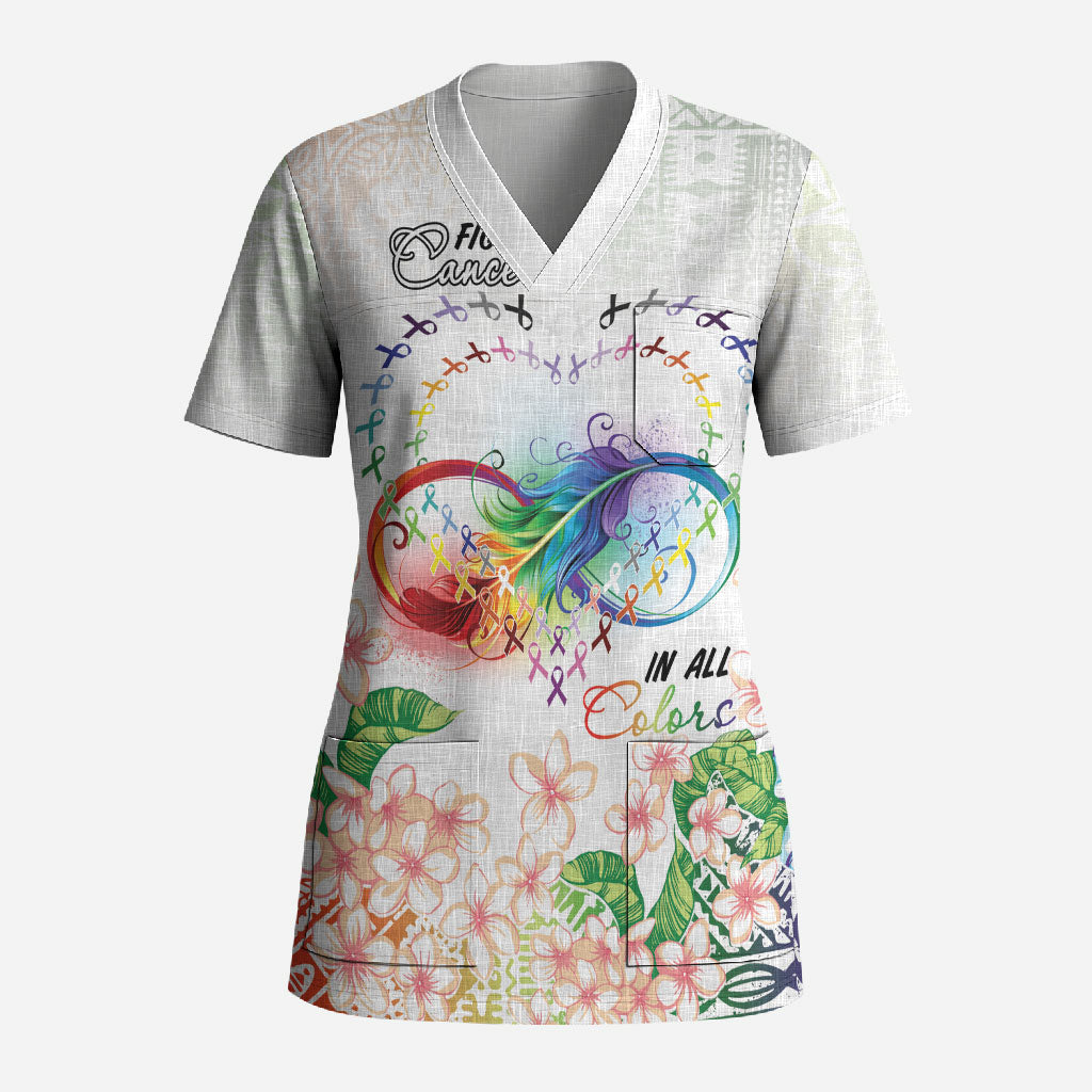 Fight Cancer In All Colors Scrub Top Plumeria Mix Tapa Pattern