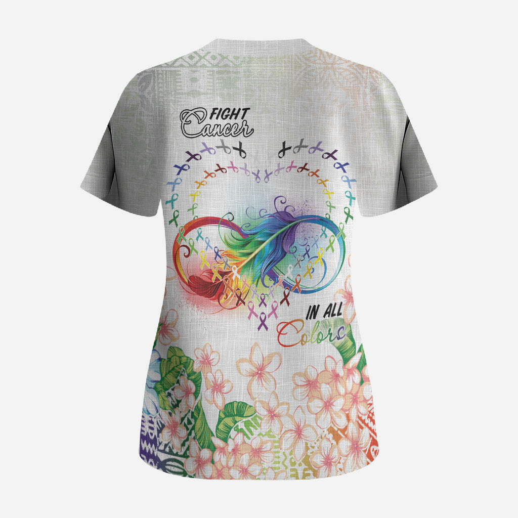Fight Cancer In All Colors Scrub Top Plumeria Mix Tapa Pattern