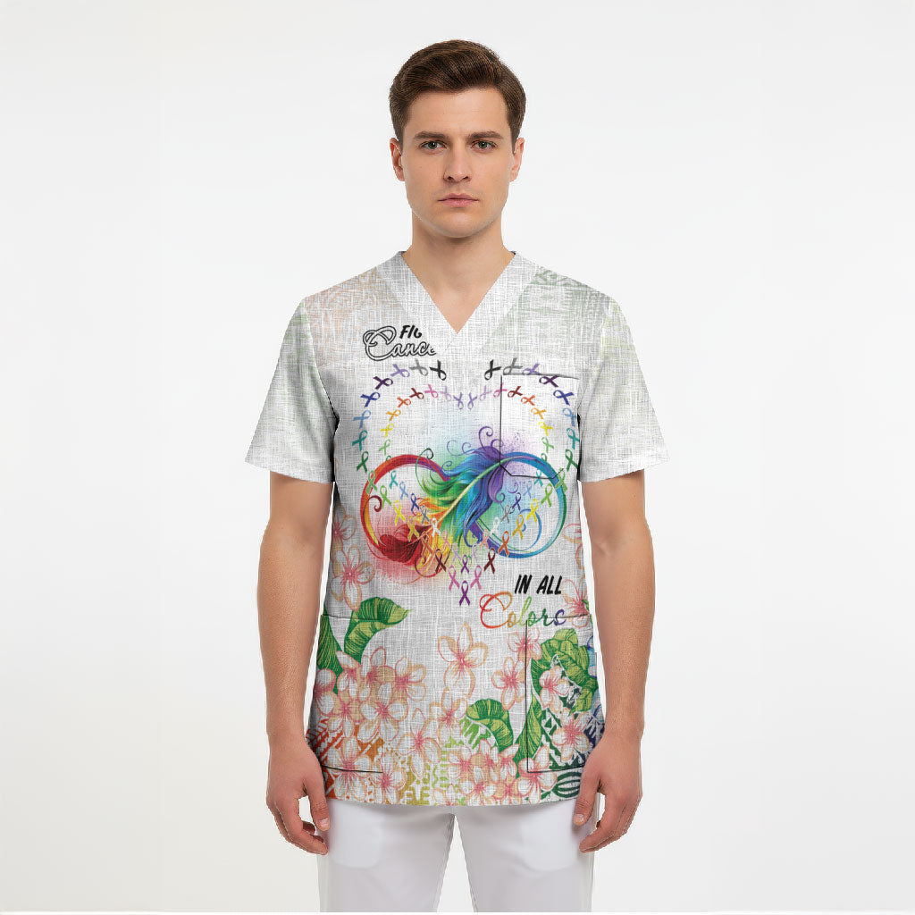 Fight Cancer In All Colors Scrub Top Plumeria Mix Tapa Pattern
