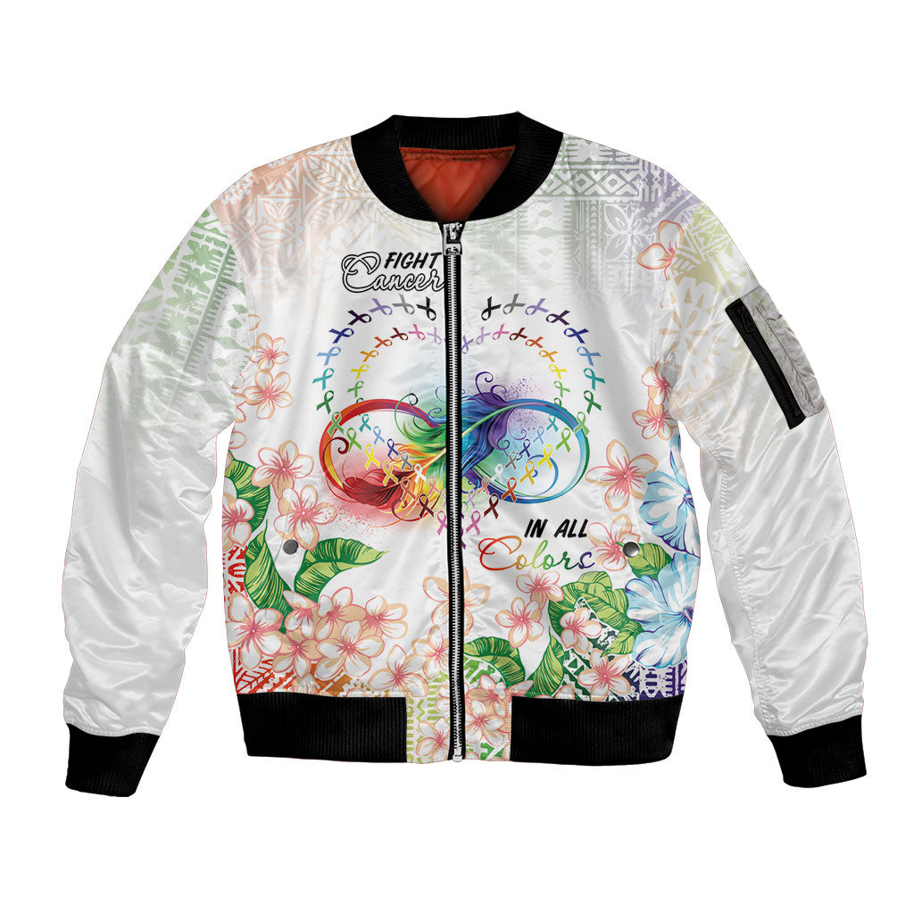 Fight Cancer In All Colors Sleeve Zip Bomber Jacket Plumeria Mix Tapa Pattern