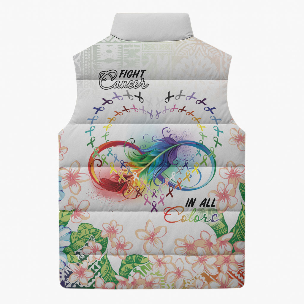 Fight Cancer In All Colors Sleeveless Puffer Jacket Plumeria Mix Tapa Pattern
