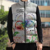 Fight Cancer In All Colors Sleeveless Puffer Jacket Plumeria Mix Tapa Pattern