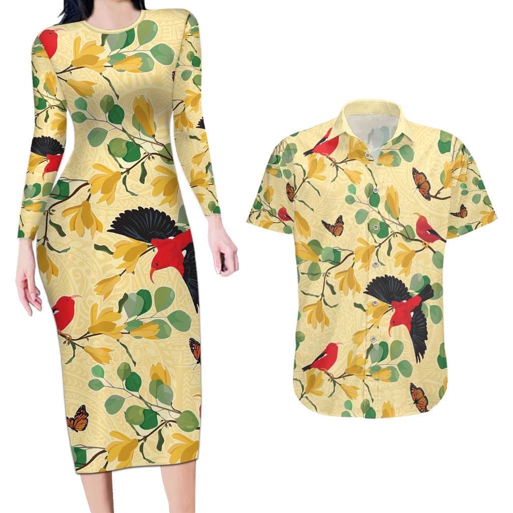 Aloha Hawaii Couples Matching Long Sleeve Bodycon Dress and Hawaiian Shirt I'iwi on Mamane Pastel Cream LT7 Light Yellow - Polynesian Pride
