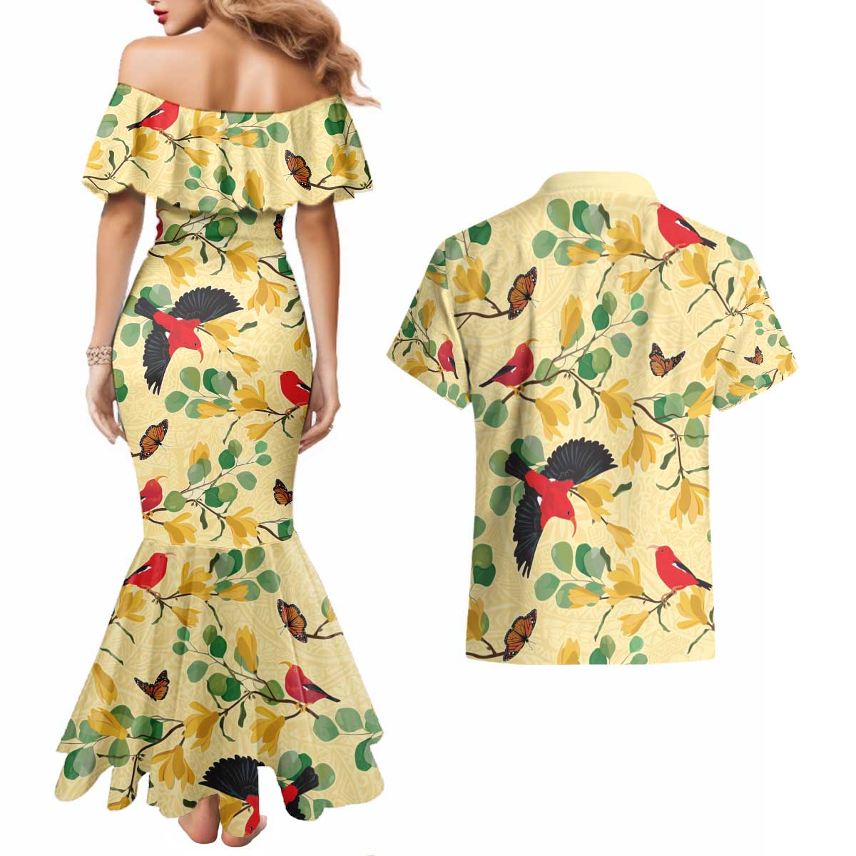Aloha Hawaii Couples Matching Mermaid Dress and Hawaiian Shirt I'iwi on Mamane Pastel Cream LT7 - Polynesian Pride