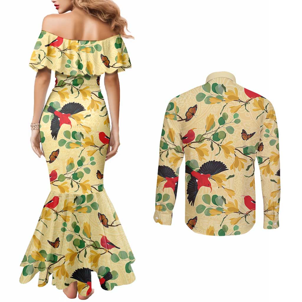 Aloha Hawaii Couples Matching Mermaid Dress and Long Sleeve Button Shirt I'iwi on Mamane Pastel Cream