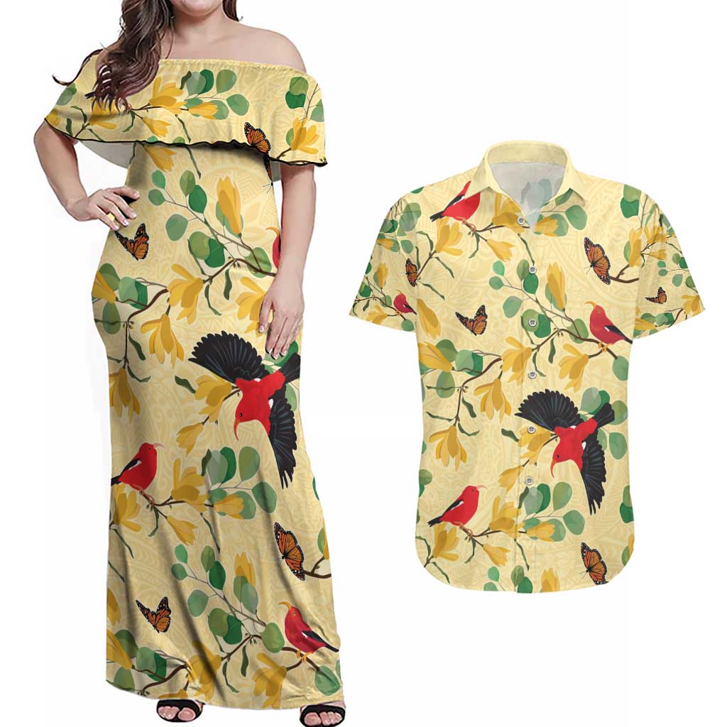 Aloha Hawaii Couples Matching Off Shoulder Maxi Dress and Hawaiian Shirt I'iwi on Mamane Pastel Cream LT7 Light Yellow - Polynesian Pride