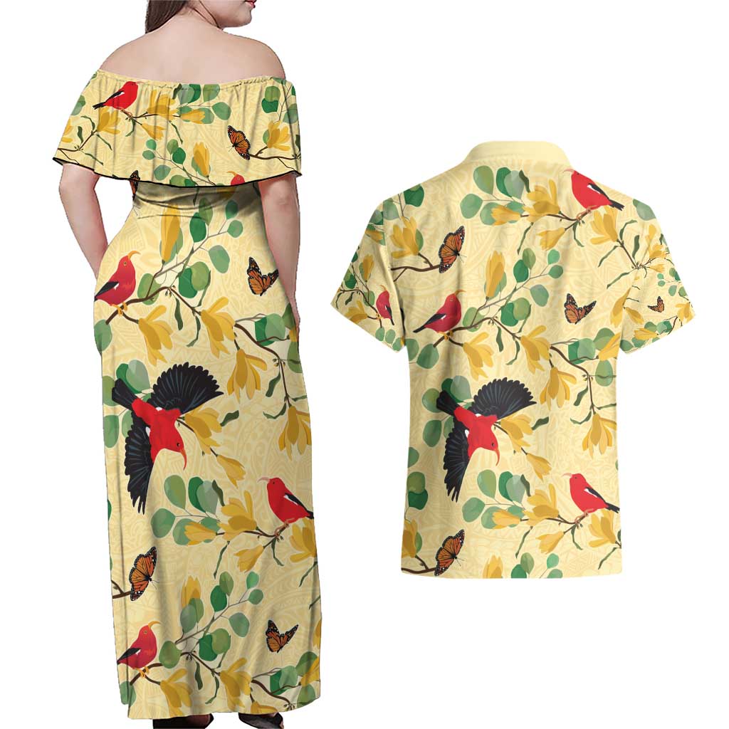Aloha Hawaii Couples Matching Off Shoulder Maxi Dress and Hawaiian Shirt I'iwi on Mamane Pastel Cream LT7 - Polynesian Pride