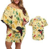 Aloha Hawaii Couples Matching Off Shoulder Short Dress and Hawaiian Shirt I'iwi on Mamane Pastel Cream LT7 Light Yellow - Polynesian Pride