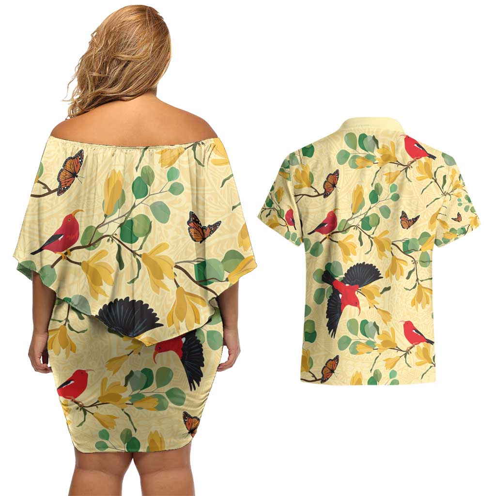 Aloha Hawaii Couples Matching Off Shoulder Short Dress and Hawaiian Shirt I'iwi on Mamane Pastel Cream LT7 - Polynesian Pride