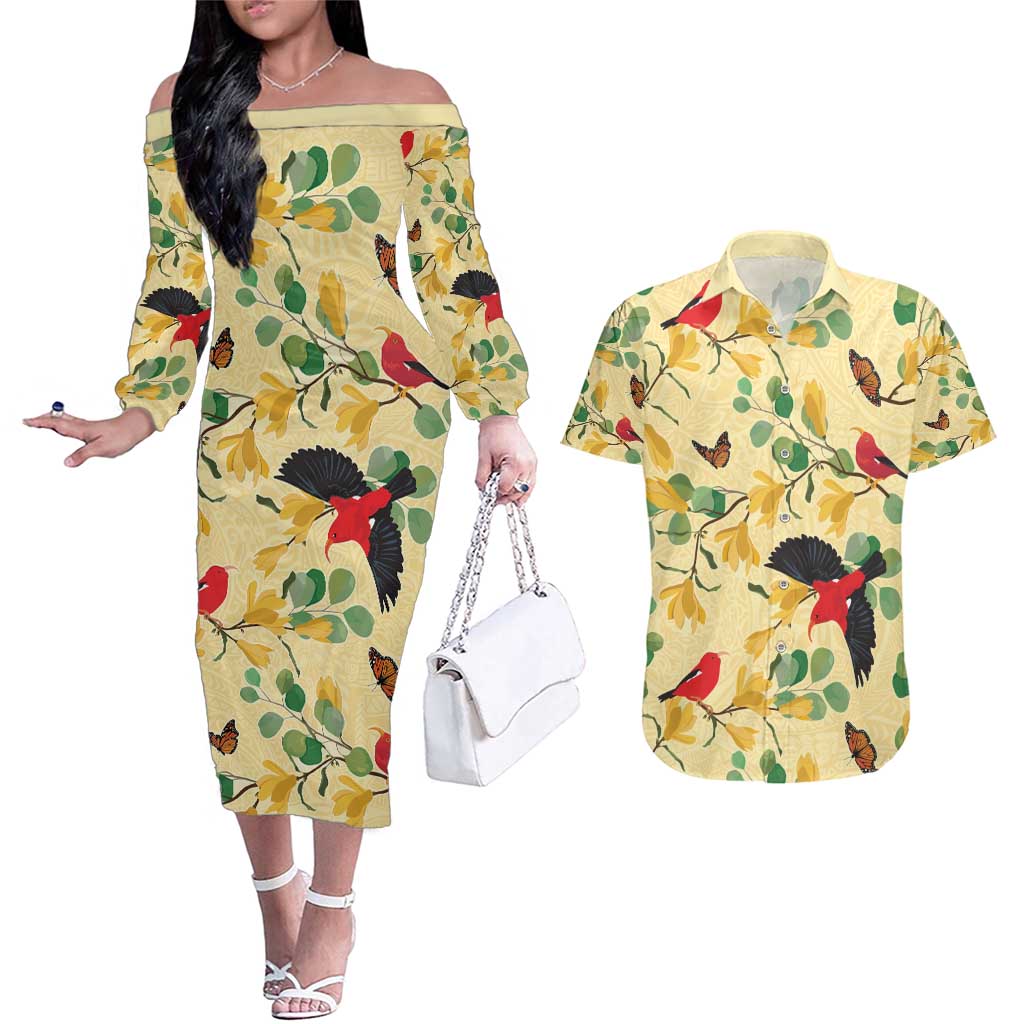 Aloha Hawaii Couples Matching Off The Shoulder Long Sleeve Dress and Hawaiian Shirt I'iwi on Mamane Pastel Cream LT7 Light Yellow - Polynesian Pride