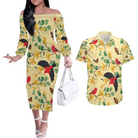 Aloha Hawaii Couples Matching Off The Shoulder Long Sleeve Dress and Hawaiian Shirt I'iwi on Mamane Pastel Cream LT7 Light Yellow - Polynesian Pride