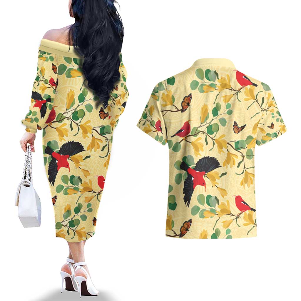 Aloha Hawaii Couples Matching Off The Shoulder Long Sleeve Dress and Hawaiian Shirt I'iwi on Mamane Pastel Cream LT7 - Polynesian Pride